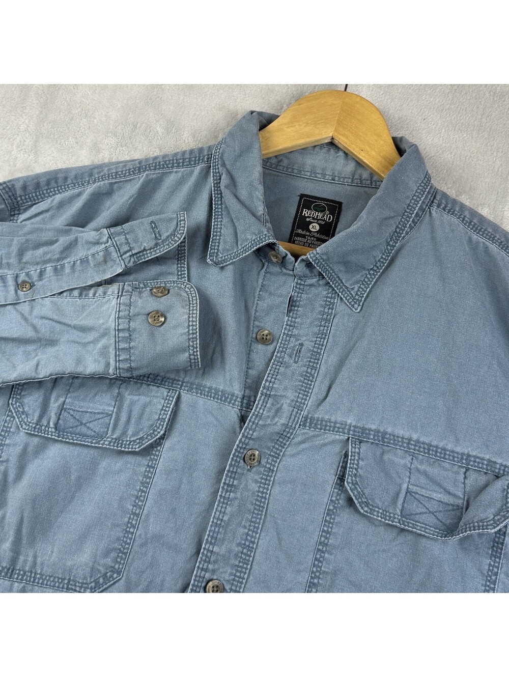 RedHead VTG Blue Long Sleeve Outdoor Hunting Fishing Utility Shirt Pocket Men XL